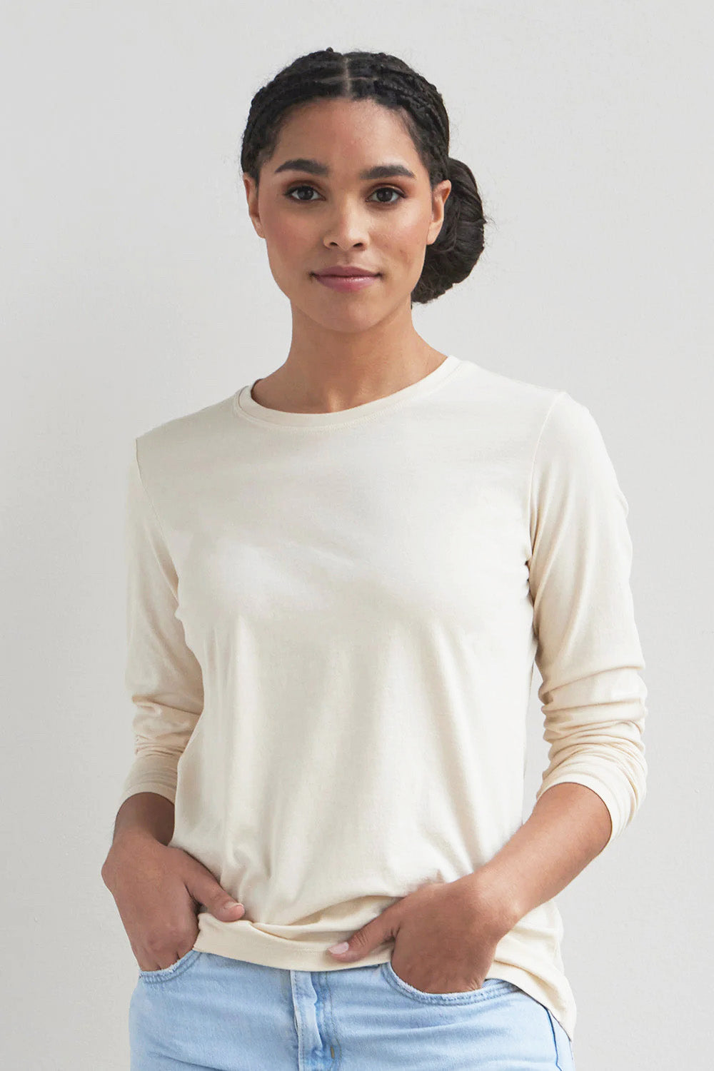 Women's 100% Organic Cotton Relaxed Long Sleeve Crew Neck T-Shirt | Undyed Dye Free No Dye | Fair Indigo | Ethically Made Clothing | Fair Trade Clothes