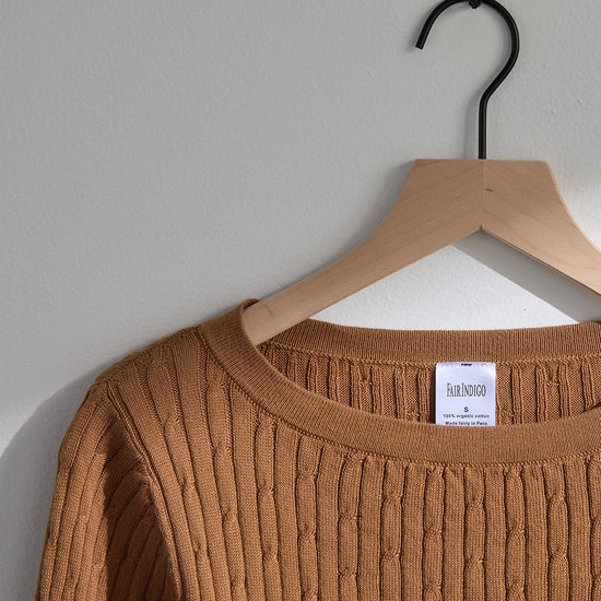 Women's Organic Cotton ¾ Sleeve Cable Boat Neck Sweater | Camel | Fair Indigo | Ethically Made Clothing | Fair Trade Clothes