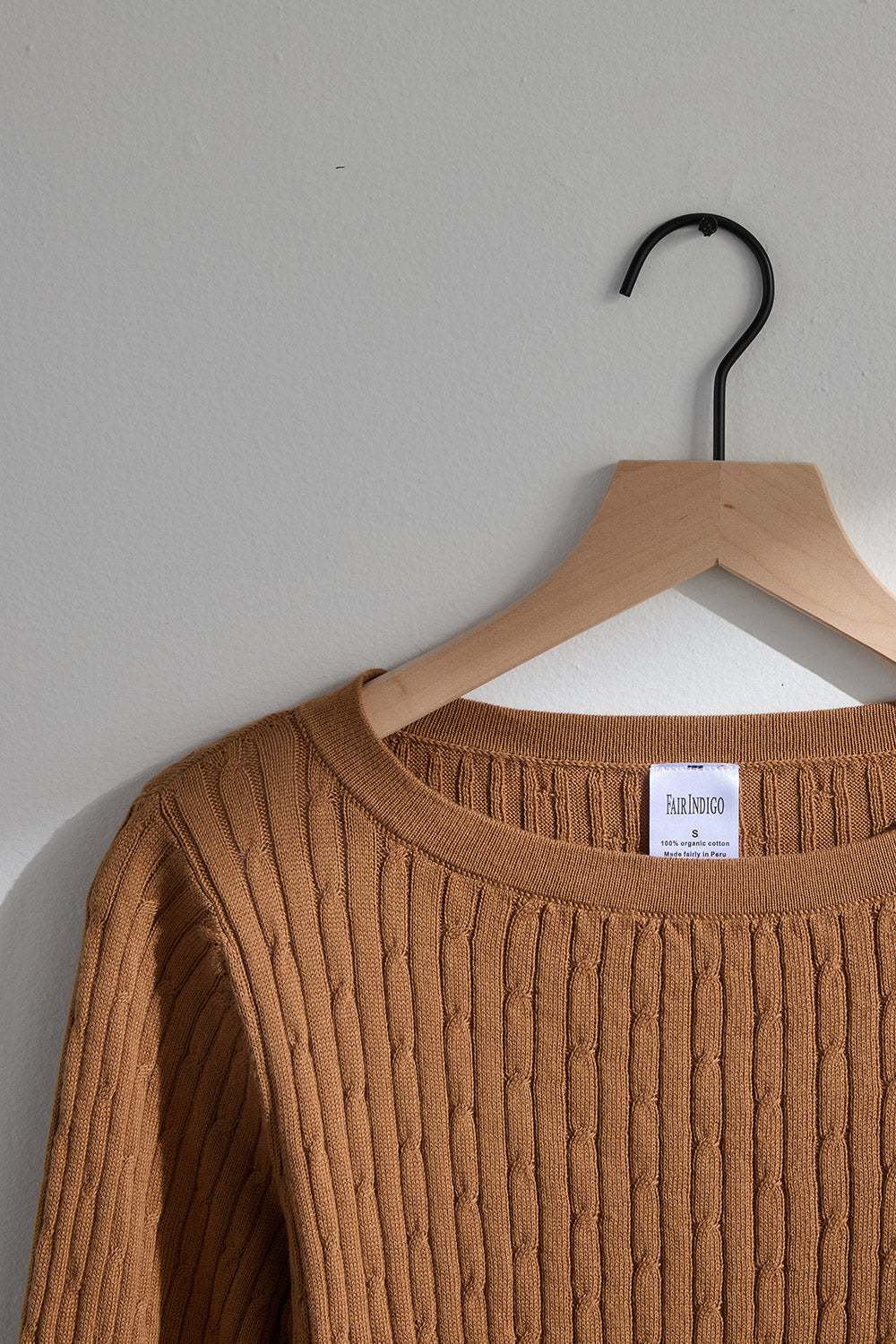 Women's Organic Cotton ¾ Sleeve Cable Boat Neck Sweater | Camel | Fair Indigo | Ethically Made Clothing | Fair Trade Clothes