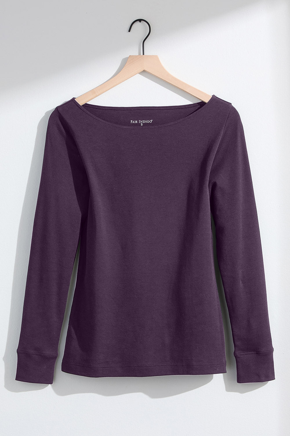 Women's Organic Cotton Luxe 100% Cotton Long Sleeve Boat Neck Tee | Eggplant Purple | Fair Indigo | Ethically Made Clothing | Fair Trade Clothes