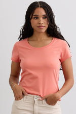 Women's Organic Cotton Scoop Neck Tee | Soft Coral Pink Orange | Fair Indigo | Ethically Made Clothing | Fair Trade Clothes