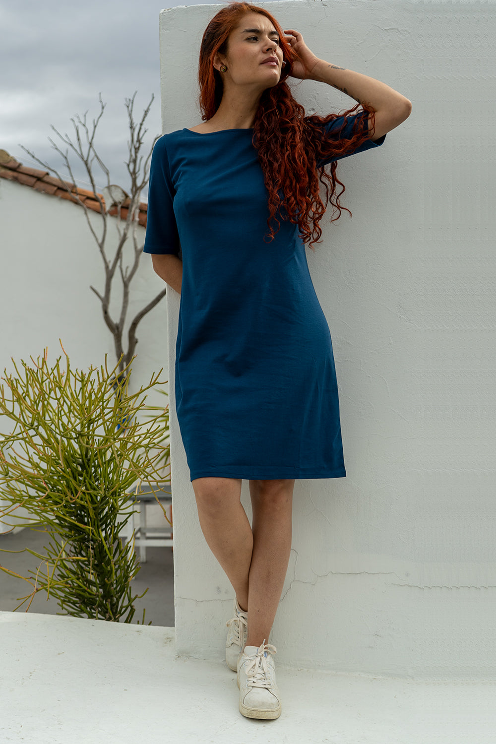 Women's 100% Organic Cotton Boat Neck Dress | Peacock Blue | Fair Indigo | Ethically Made Clothing | Fair Trade Clothes