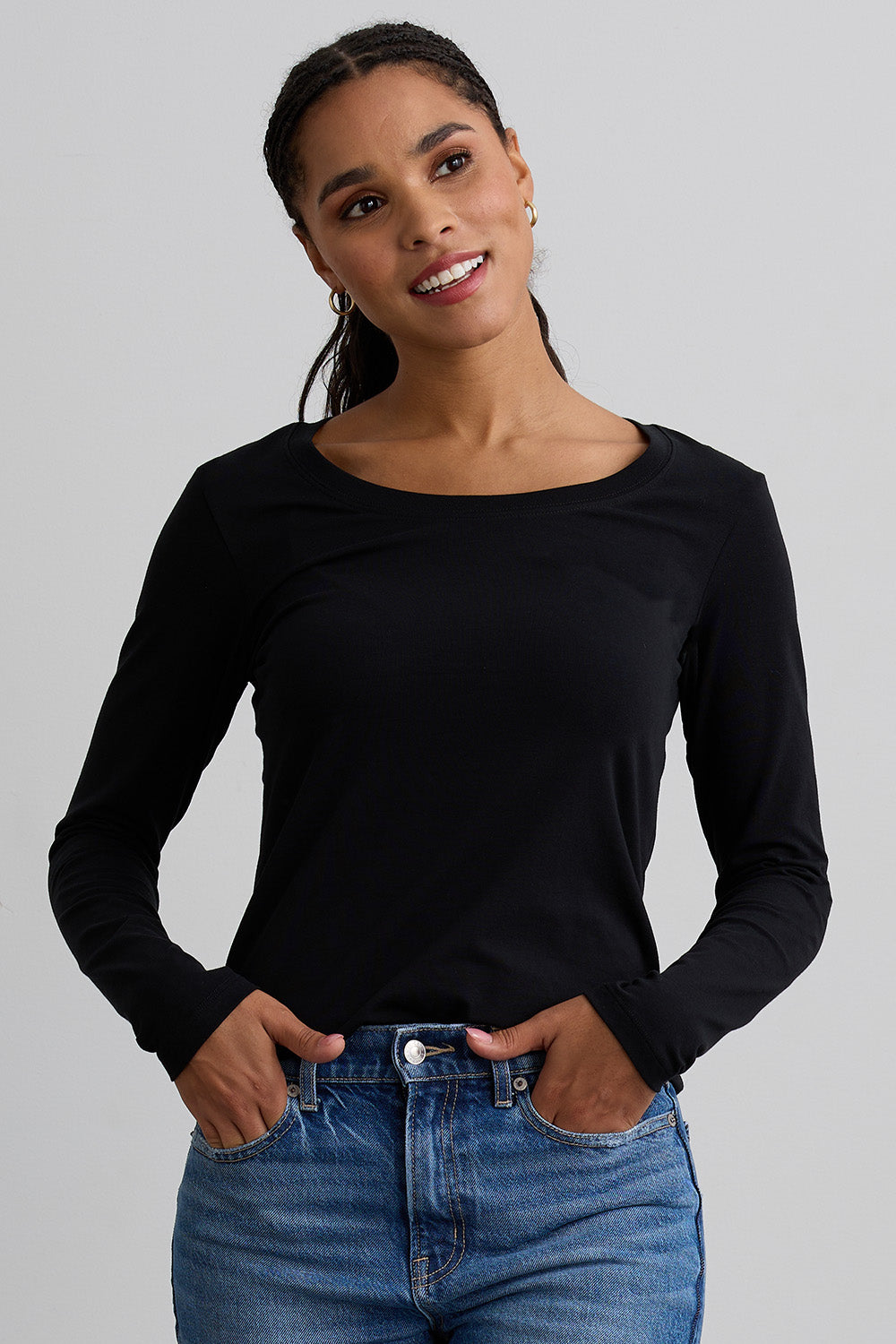 Women's Organic Cotton Long Sleeve Scoop Neck Tee | Black | Fair Indigo | Ethically Made Clothing | Fair Trade Clothes