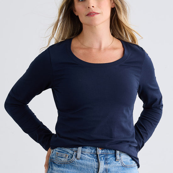 Women's Organic Cotton Long Sleeve Scoop Neck Tee | Dark Navy Blue | Fair Indigo | Ethically Made Clothing | Fair Trade Clothes