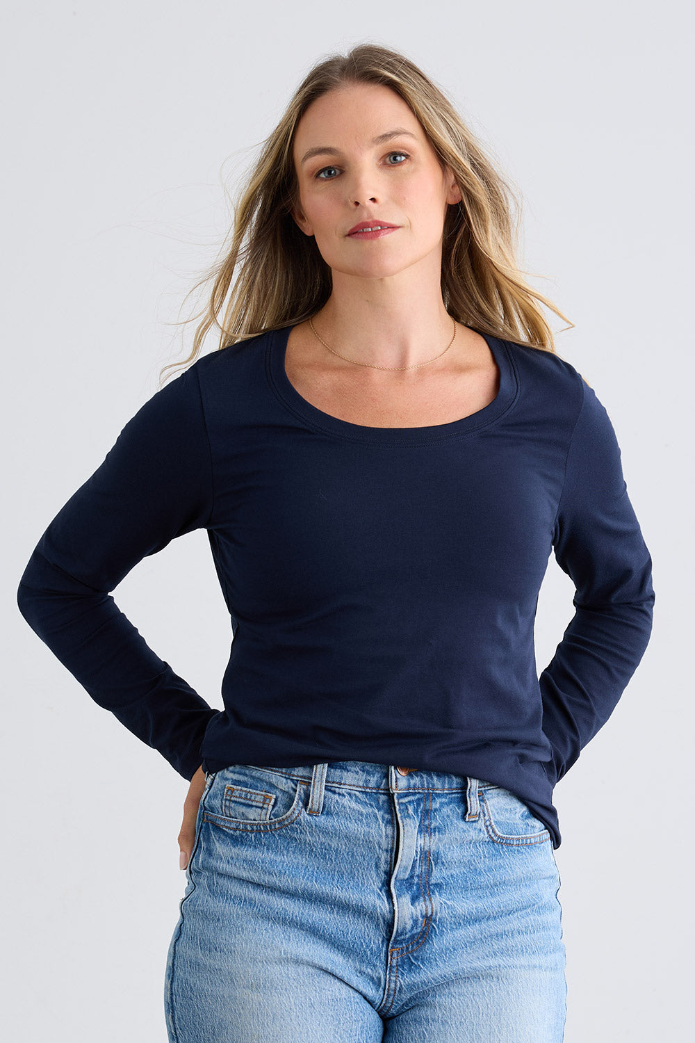 Women's Organic Cotton Long Sleeve Scoop Neck Tee | Dark Navy Blue | Fair Indigo | Ethically Made Clothing | Fair Trade Clothes