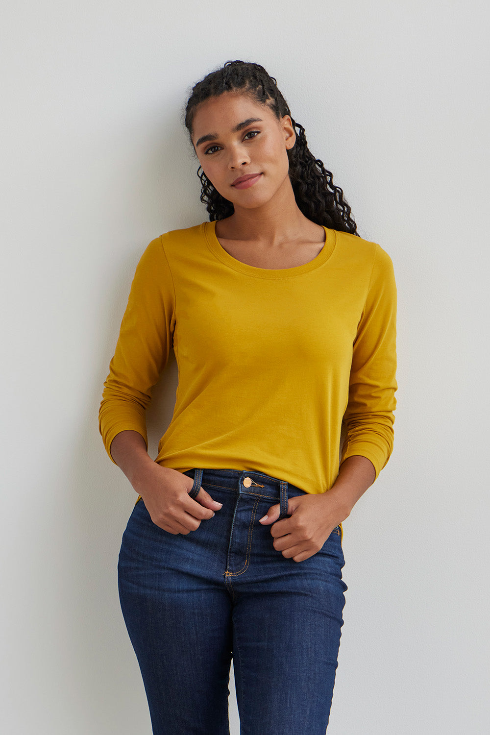 Women's Organic Cotton Long Sleeve Scoop Neck Tee | Mustard Yellow | Fair Indigo | Ethically Made Clothing | Fair Trade Clothes