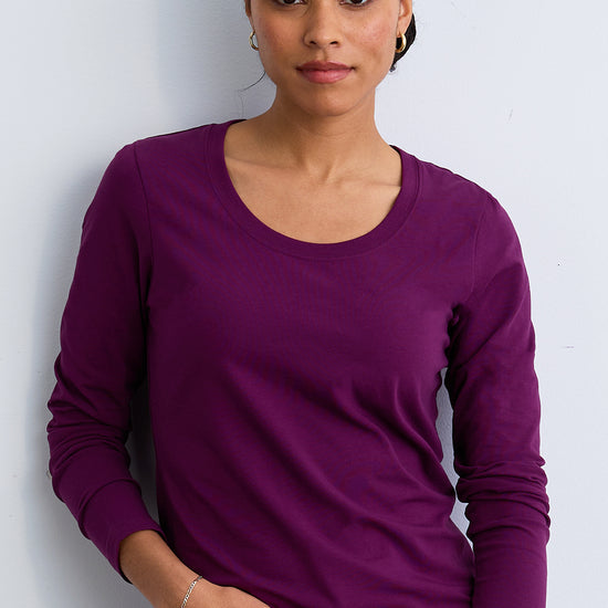 Women's Organic Cotton Long Sleeve Scoop Neck Tee | Plum Purple | Fair Indigo | Ethically Made Clothing | Fair Trade Clothes