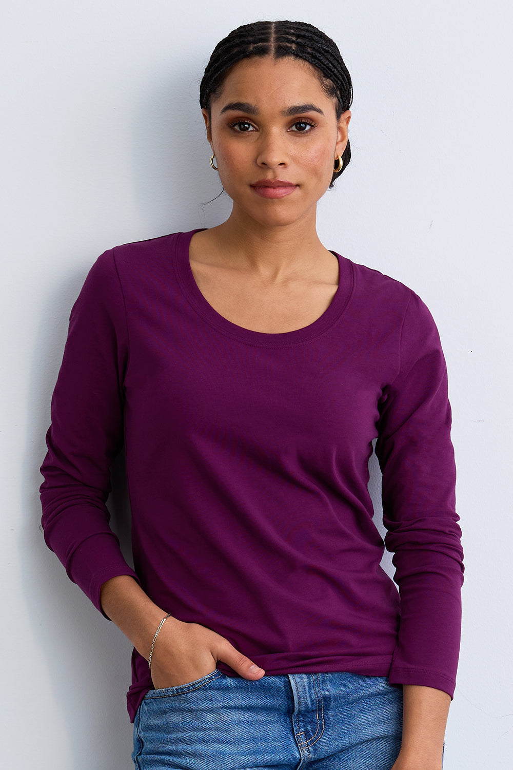 Women's Organic Cotton Long Sleeve Scoop Neck Tee | Plum Purple | Fair Indigo | Ethically Made Clothing | Fair Trade Clothes