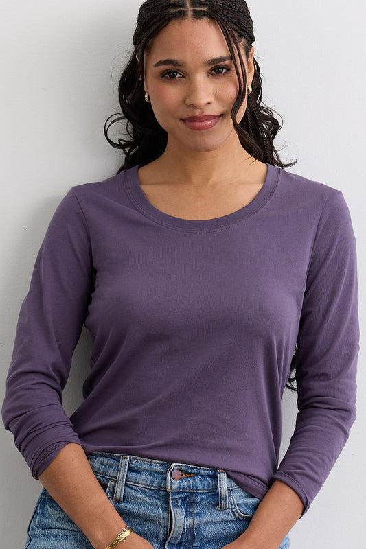 Women's Organic Cotton Long Sleeve Scoop Neck Tee | Purple | Fair Indigo | Ethically Made Clothing | Fair Trade Clothes