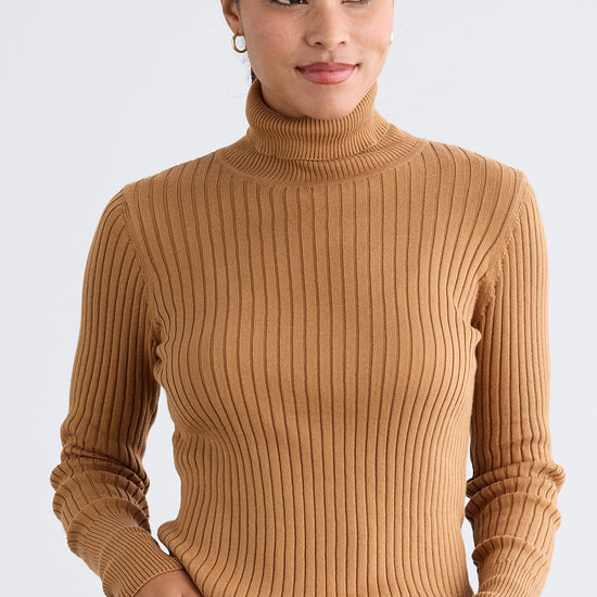 Women's Organic Cotton Ribbed Turtleneck Sweater | Camel | Fair Indigo | Ethically Made Clothing | Fair Trade Clothes