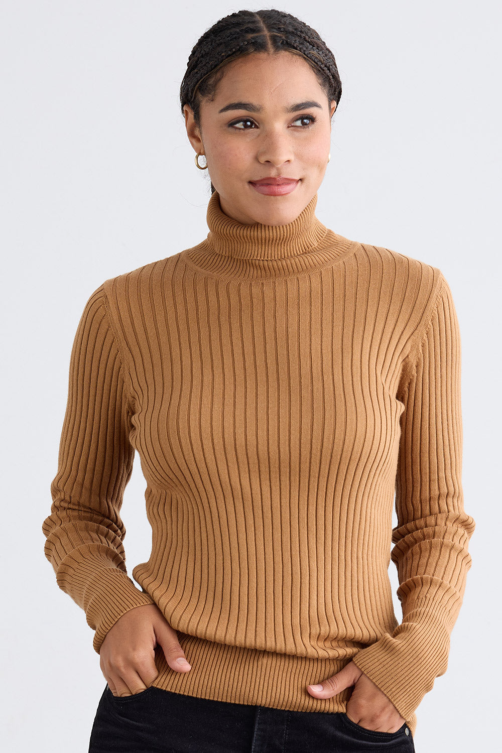 Women's Organic Cotton Ribbed Turtleneck Sweater | Camel | Fair Indigo | Ethically Made Clothing | Fair Trade Clothes