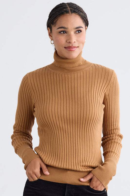 Women's Organic Cotton Ribbed Turtleneck Sweater | Camel | Fair Indigo | Ethically Made Clothing | Fair Trade Clothes