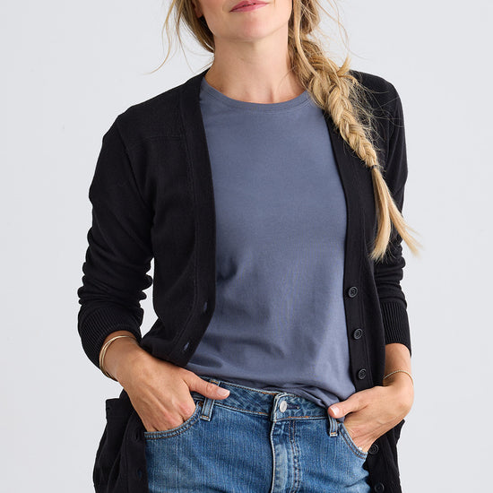 Women's Organic Cotton Boyfriend Cardigan | Black | Fair Indigo | Ethically Made Clothing | Fair Trade Clothes