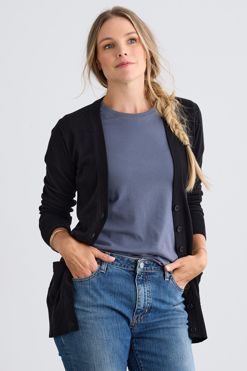 Women's Organic Cotton Boyfriend Cardigan | Black | Fair Indigo | Ethically Made Clothing | Fair Trade Clothes