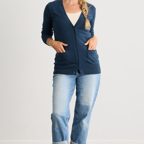Women's Organic Cotton Boyfriend Cardigan | Indigo Blue | Fair Indigo | Ethically Made Clothing | Fair Trade Clothes