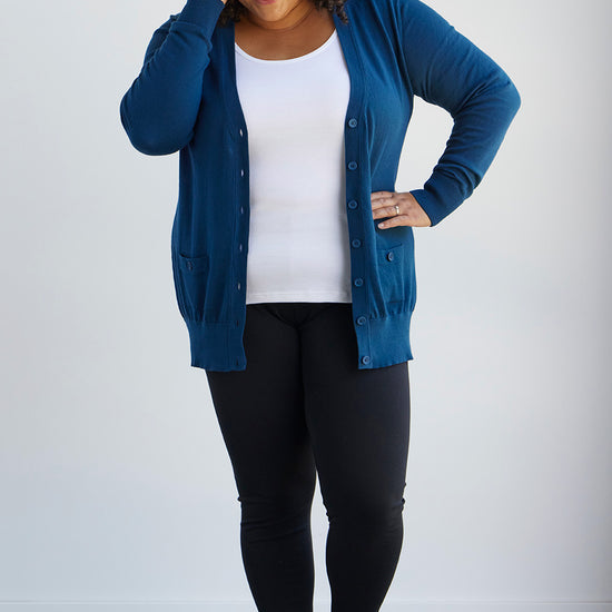 Women's Organic Cotton Boyfriend Cardigan | Peacock Blue | Fair Indigo | Ethically Made Clothing | Fair Trade Clothes