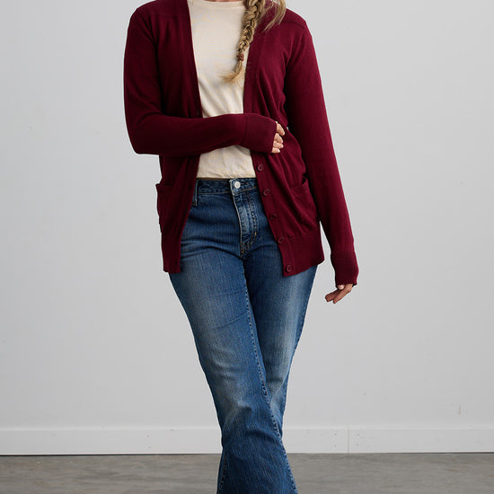 Women's Organic Cotton Boyfriend Cardigan | Wine Purple | Fair Indigo | Ethically Made Clothing | Fair Trade Clothes