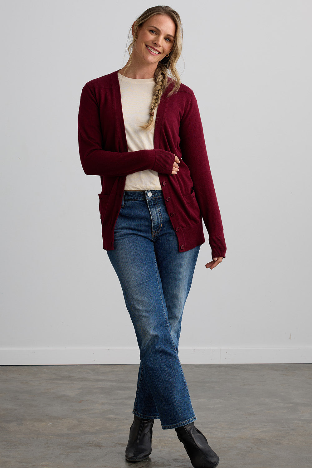 Women's Organic Cotton Boyfriend Cardigan | Wine Purple | Fair Indigo | Ethically Made Clothing | Fair Trade Clothes