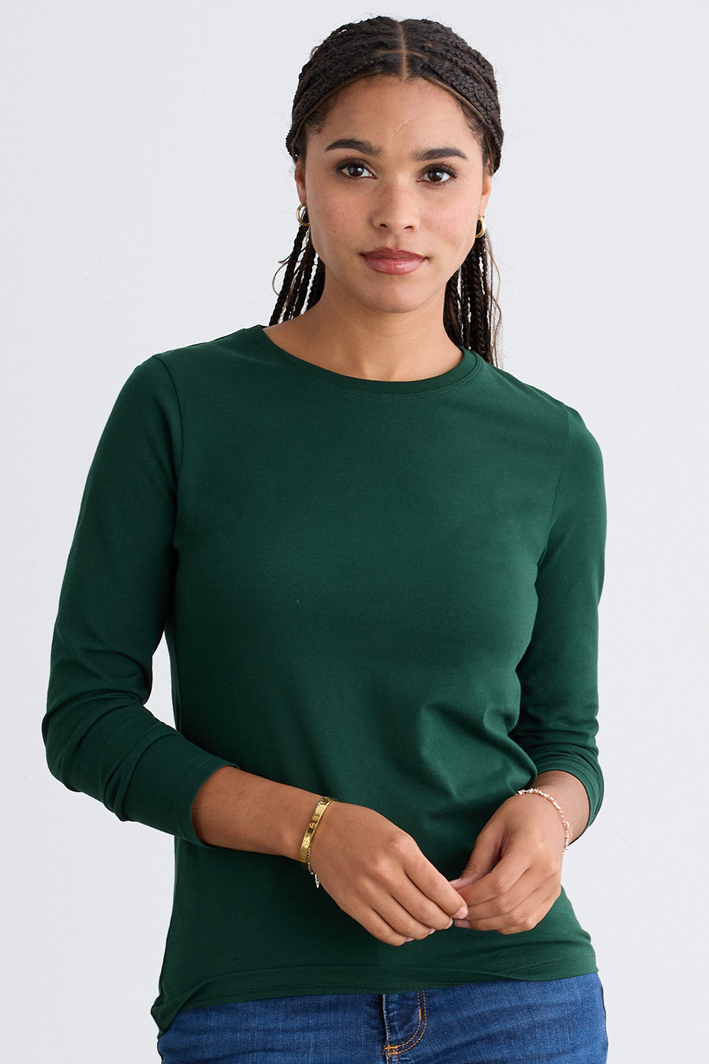 Women's Organic Cotton Long Sleeve Crew Neck T-shirt | Dark Pine Green | Fair Indigo | Ethically Made Clothing | Fair Trade Clothes