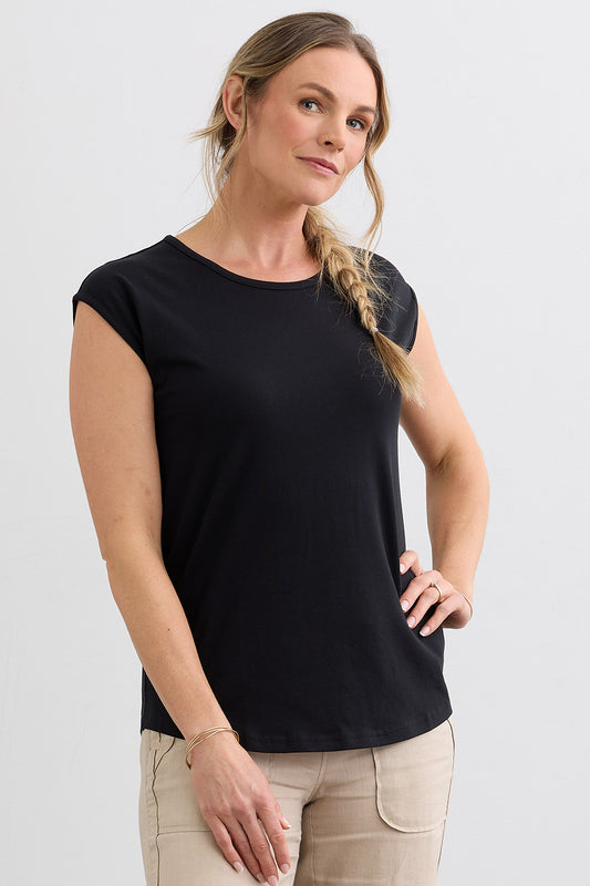Women's Organic Cotton Cap Sleeve Easy Tee | Black | Fair Indigo | Ethically Made Clothing | Fair Trade Clothes