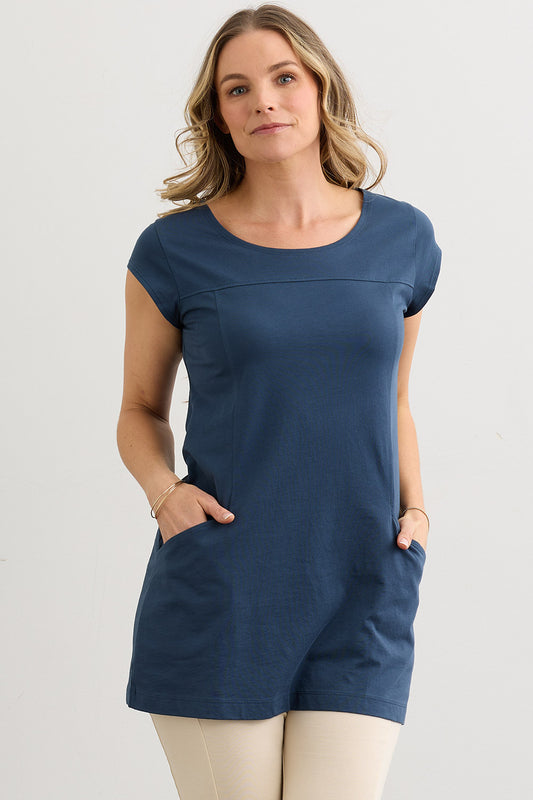 Women's Organic Cotton 100% Cotton Cap Sleeve Pocket Tunic | Indigo Blue | Fair Indigo | Ethically Made Clothing | Fair Trade Clothes