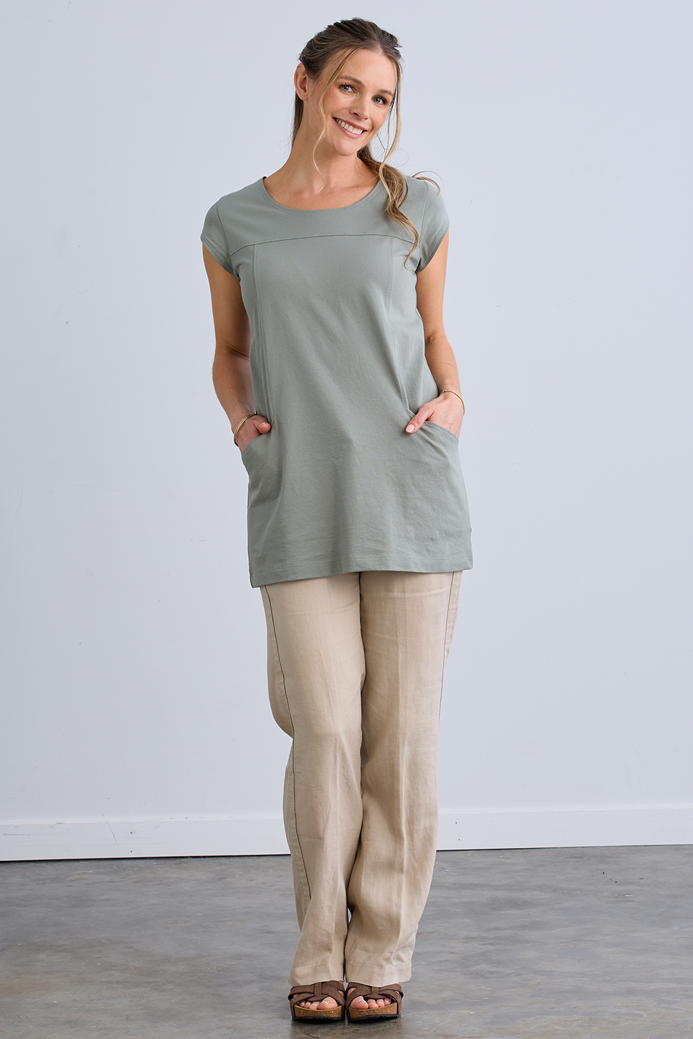 Women's Organic Cotton 100% Cotton Cap Sleeve Pocket Tunic | Sage Green | Fair Indigo | Ethically Made Clothing | Fair Trade Clothes
