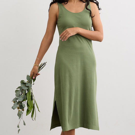 Women's 100% Organic Cotton Midi Tank Dress | Willow Green | Fair Indigo | Ethically Made Clothing | Fair Trade Clothes