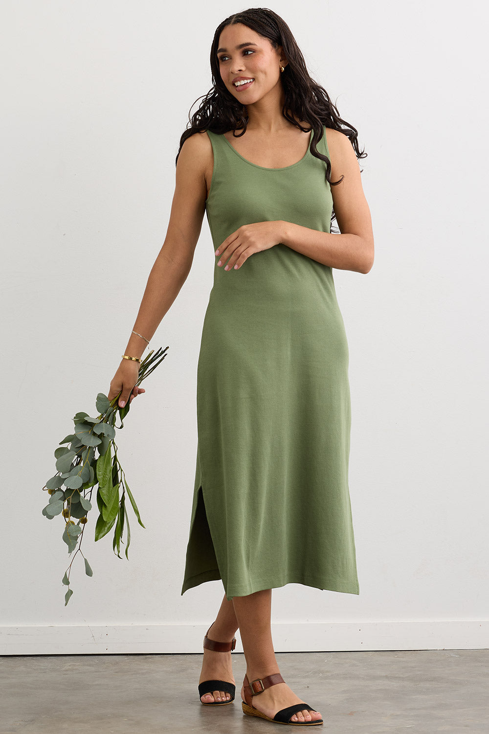 Women's 100% Organic Cotton Midi Tank Dress | Willow Green | Fair Indigo | Ethically Made Clothing | Fair Trade Clothes