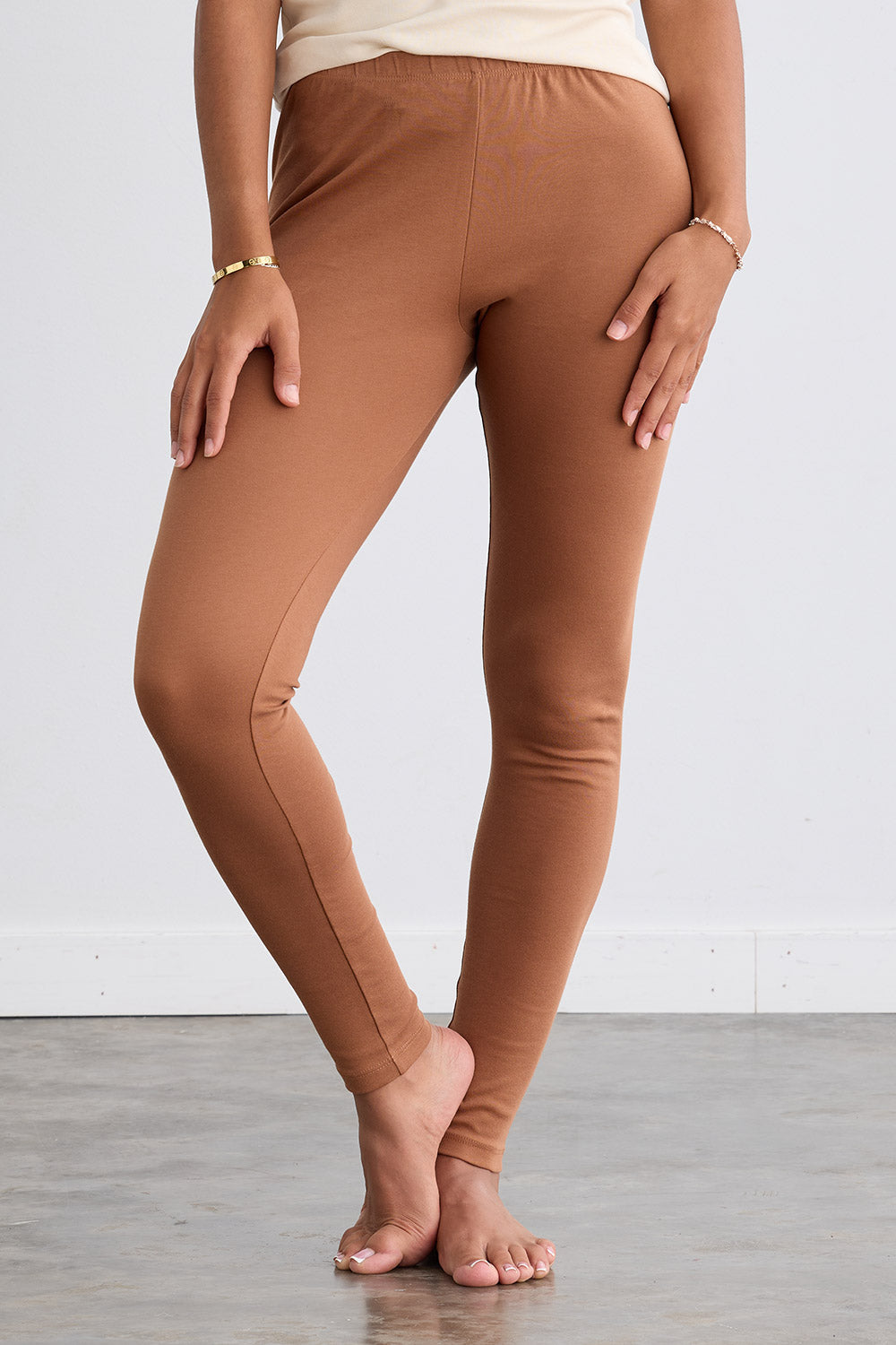Women's Organic Cotton 100% Cotton Leggings 30 in | Cognac Beige | Fair Indigo | Ethically Made Clothing | Fair Trade Clothes