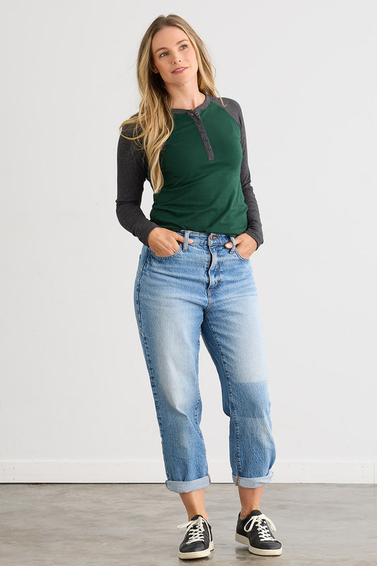 Women's Organic Cotton Raglan Sleeve Henley | Green Grey | Fair Indigo | Ethically Made Clothing | Fair Trade Clothes