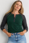 Women's Organic Cotton Raglan Sleeve Henley | Green Grey | Fair Indigo | Ethically Made Clothing | Fair Trade Clothes