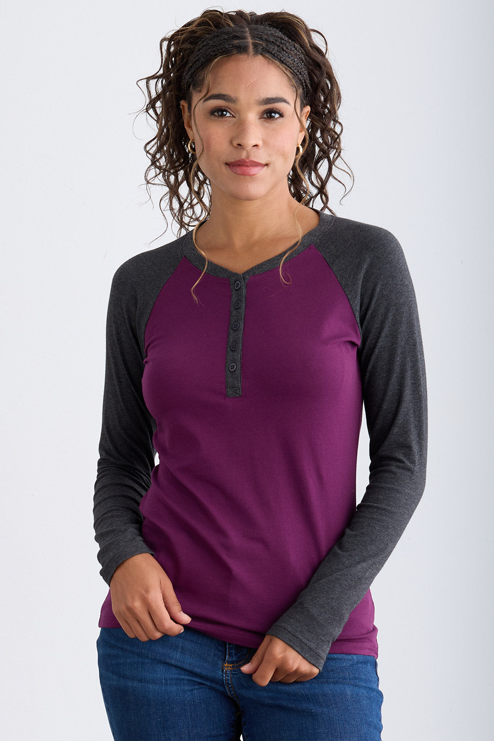Women's Organic Cotton Raglan Sleeve Henley | Purple Grey | Fair Indigo | Ethically Made Clothing | Fair Trade Clothes