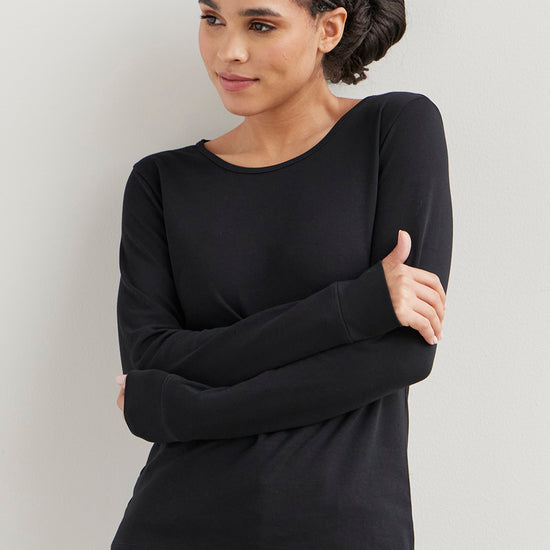Women's Luxe 100% Organic Cotton Jewel Neck Long Sleeve Tee | Black | Fair Indigo | Ethically Made Clothing | Fair Trade Clothes