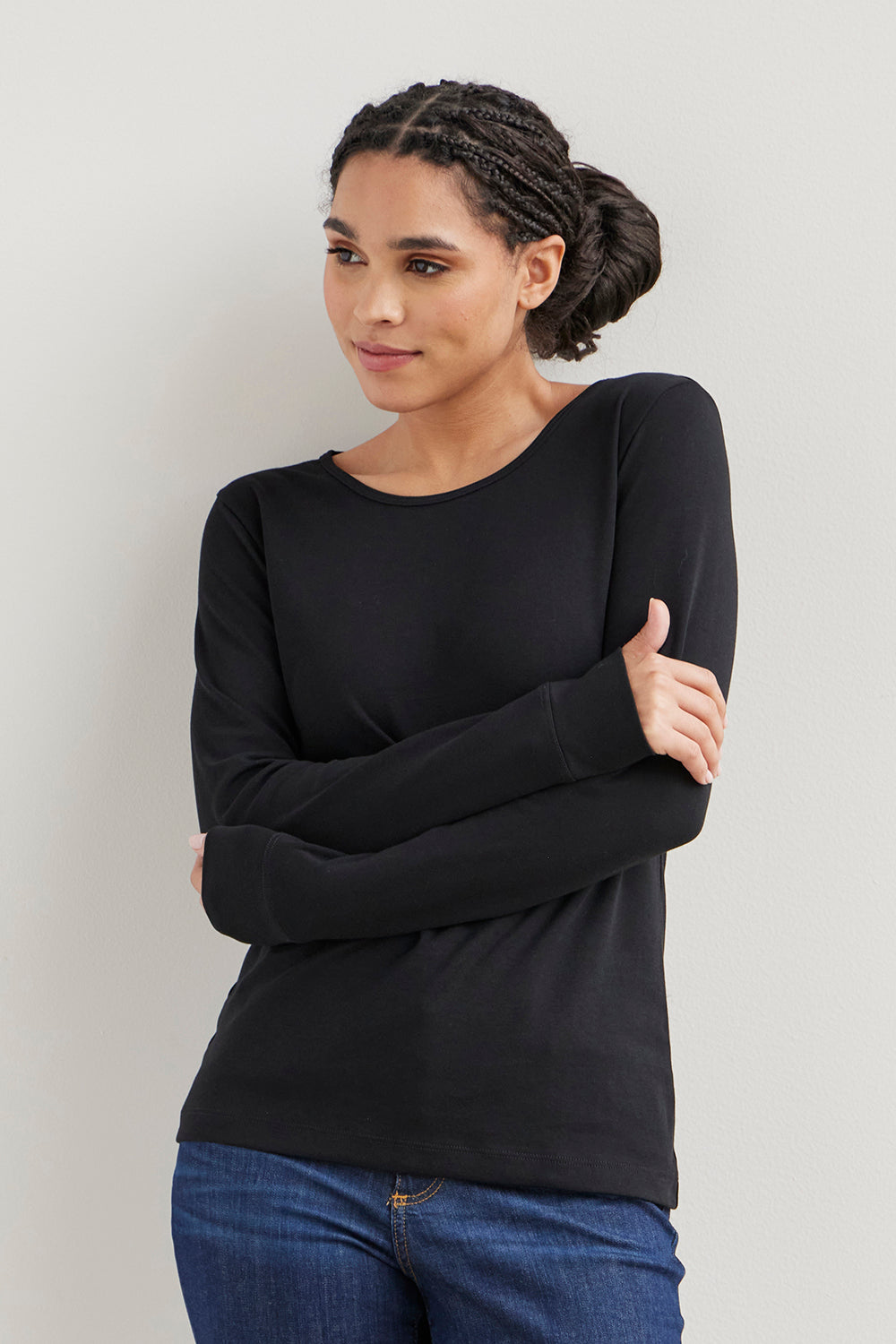 Women's Luxe 100% Organic Cotton Jewel Neck Long Sleeve Tee | Black | Fair Indigo | Ethically Made Clothing | Fair Trade Clothes