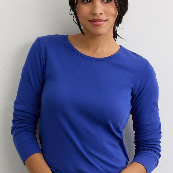 Women's Luxe 100% Organic Cotton Jewel Neck Long Sleeve Tee | Cobalt Blue | Fair Indigo | Ethically Made Clothing | Fair Trade Clothes