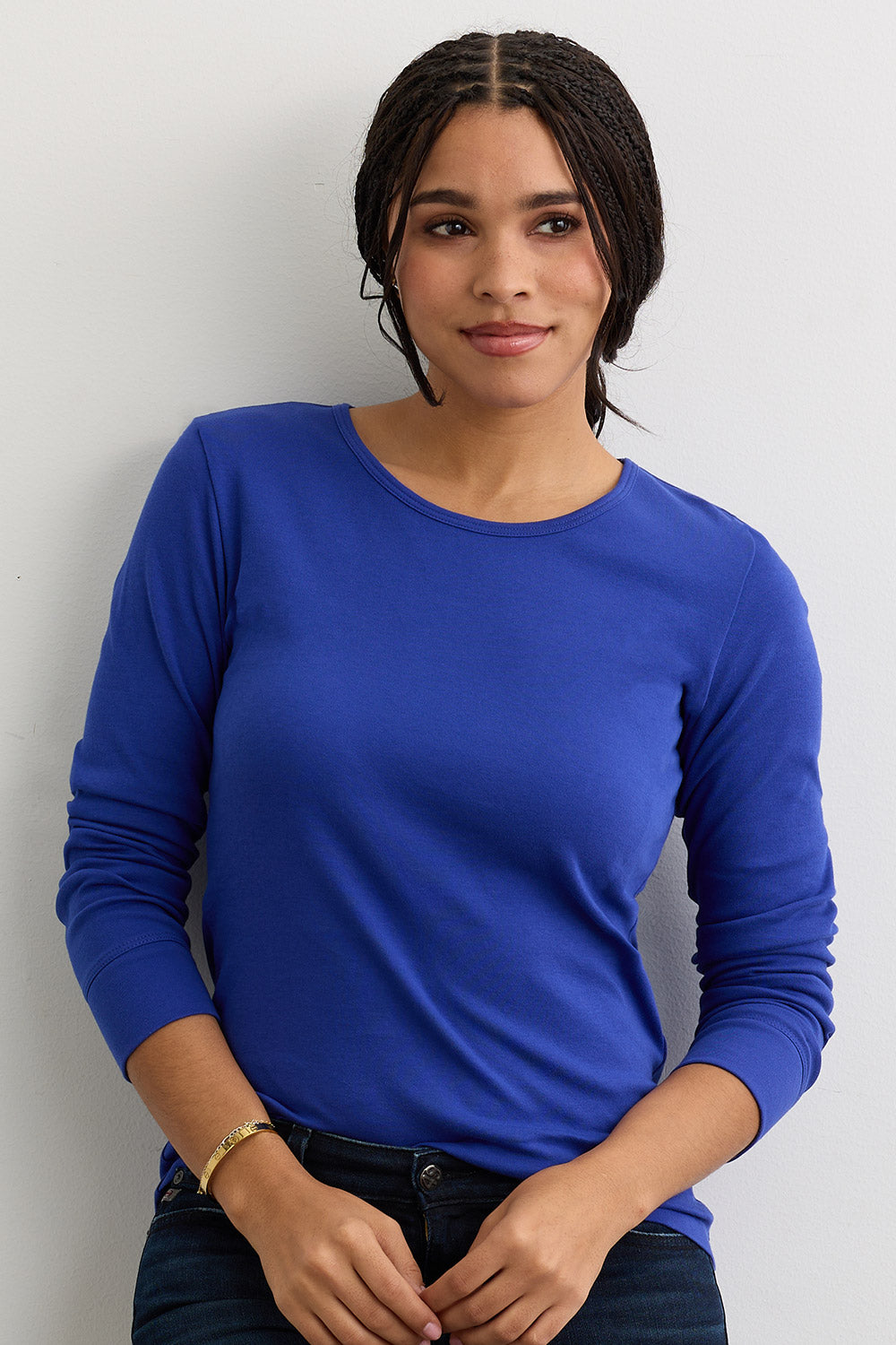 Women's Luxe 100% Organic Cotton Jewel Neck Long Sleeve Tee | Cobalt Blue | Fair Indigo | Ethically Made Clothing | Fair Trade Clothes