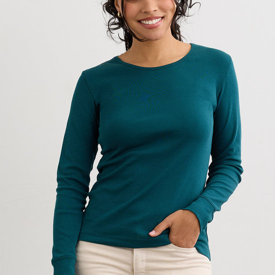 Women's Luxe 100% Organic Cotton Jewel Neck Long Sleeve Tee | Deep Teal Green | Fair Indigo | Ethically Made Clothing | Fair Trade Clothes
