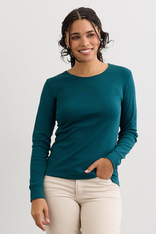 Women's Luxe 100% Organic Cotton Jewel Neck Long Sleeve Tee | Deep Teal Green | Fair Indigo | Ethically Made Clothing | Fair Trade Clothes