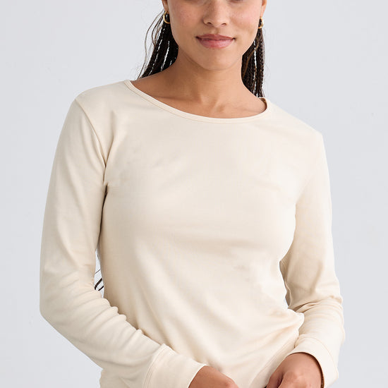 Women's Luxe 100% Organic Cotton Jewel Neck Long Sleeve Tee | Undyed Dye Free No Dye | Fair Indigo | Ethically Made Clothing | Fair Trade Clothes