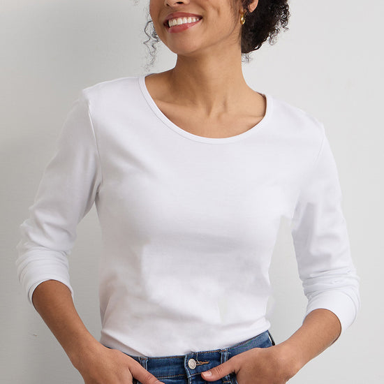 Women's Luxe 100% Organic Cotton Jewel Neck Long Sleeve Tee | White | Fair Indigo | Ethically Made Clothing | Fair Trade Clothes