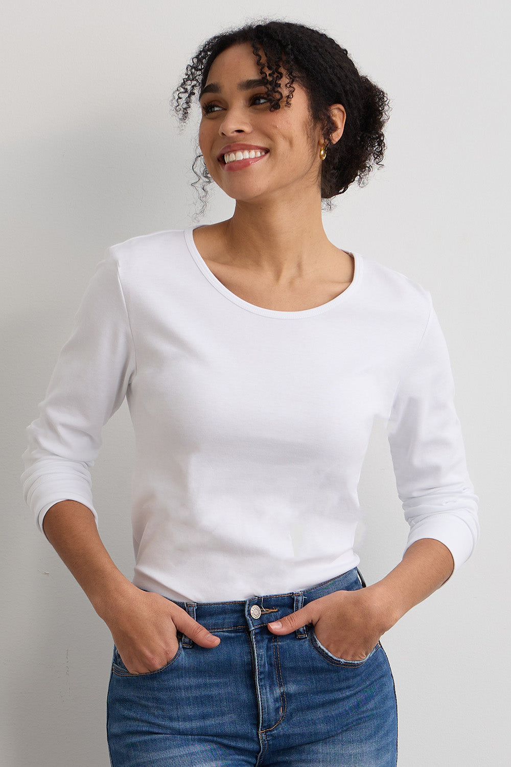 Women's Luxe 100% Organic Cotton Jewel Neck Long Sleeve Tee | White | Fair Indigo | Ethically Made Clothing | Fair Trade Clothes