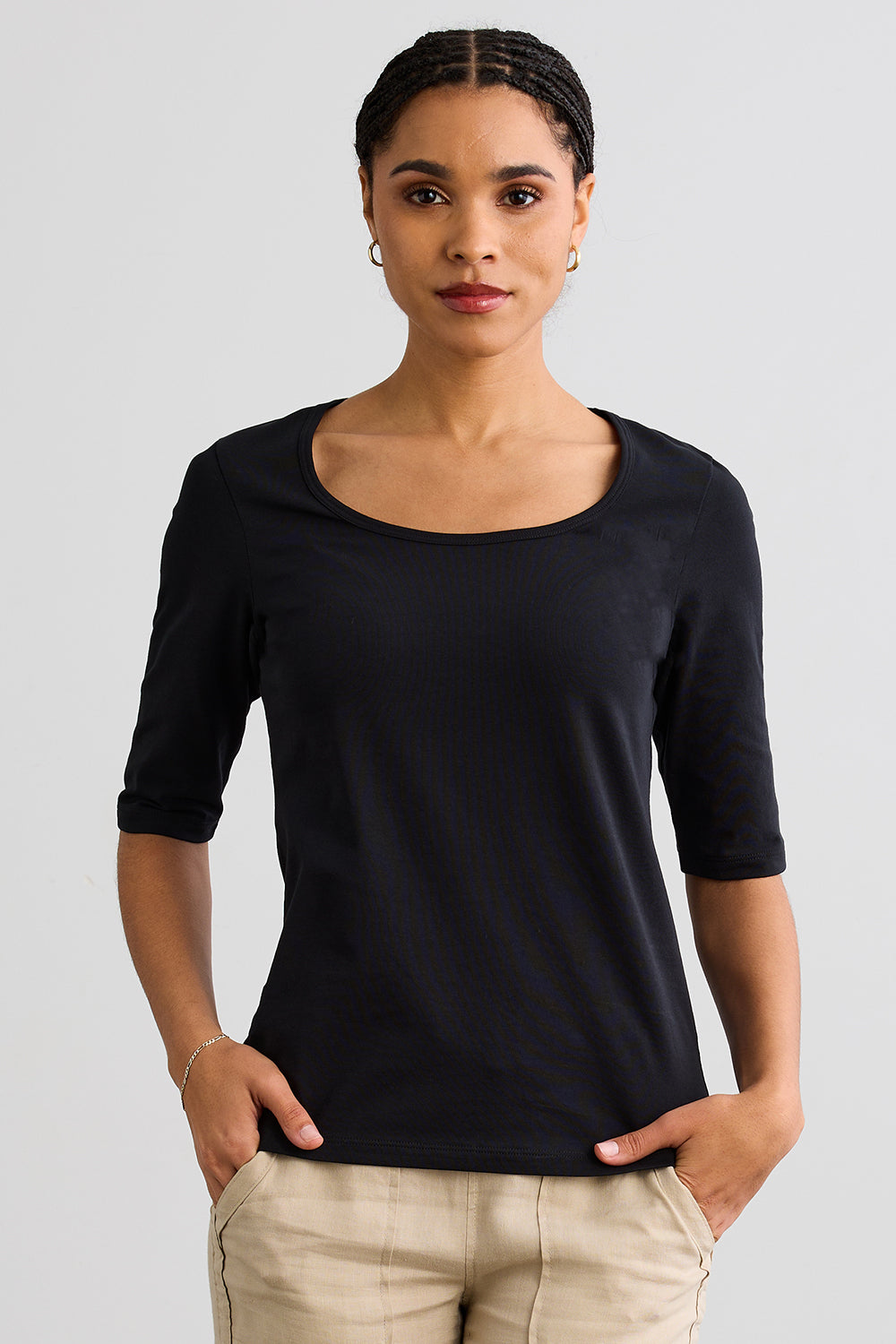 Women's Organic Cotton Elbow Sleeve Wide Scoop Neck Tee | Black | Fair Indigo | Ethically Made Clothing | Fair Trade Clothes