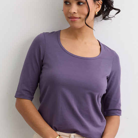 Women's Organic Cotton Elbow Sleeve Wide Scoop Neck Tee | Purple | Fair Indigo | Ethically Made Clothing | Fair Trade Clothes