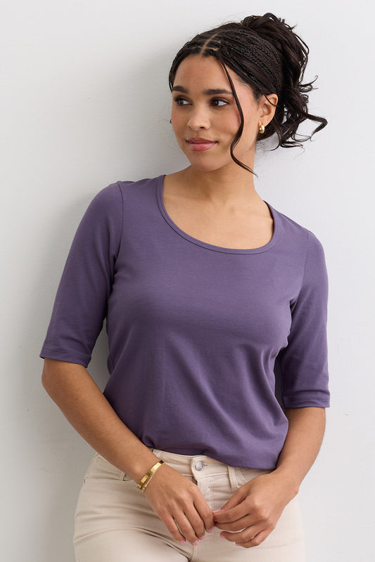 Women's Organic Cotton Elbow Sleeve Wide Scoop Neck Tee | Purple | Fair Indigo | Ethically Made Clothing | Fair Trade Clothes