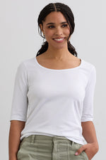 Women's Organic Cotton Elbow Sleeve Wide Scoop Neck Tee | White | Fair Indigo | Ethically Made Clothing | Fair Trade Clothes