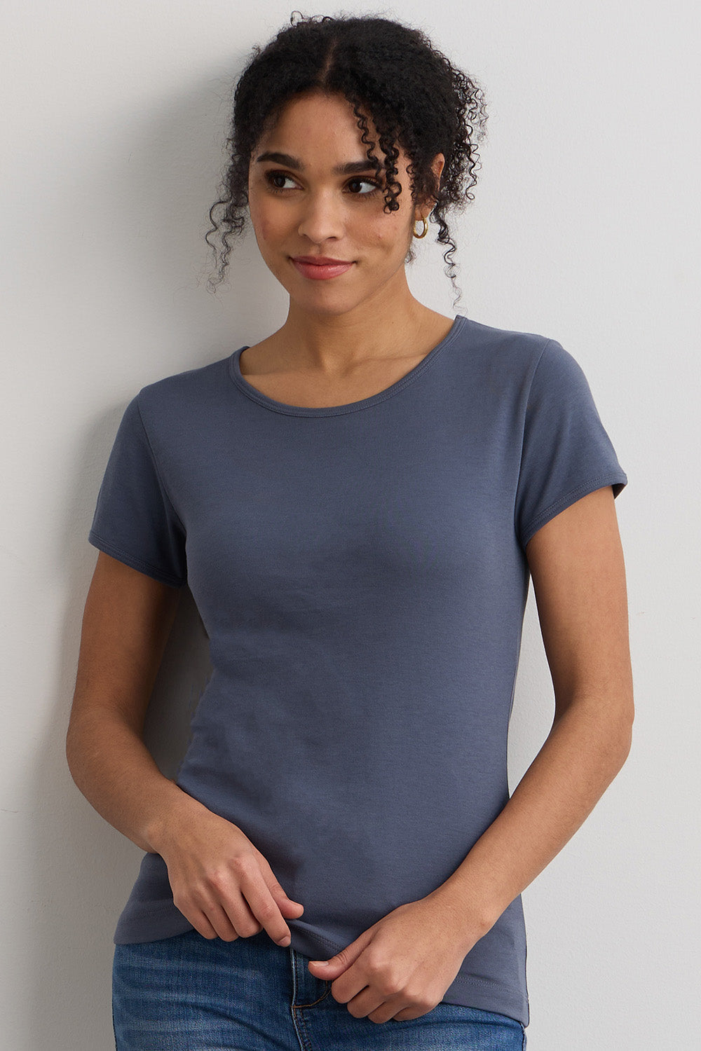 Women's Luxe 100% Organic Cotton Jewel Neck Tee | Slate Blue | Fair Indigo | Ethically Made Clothing | Fair Trade Clothes