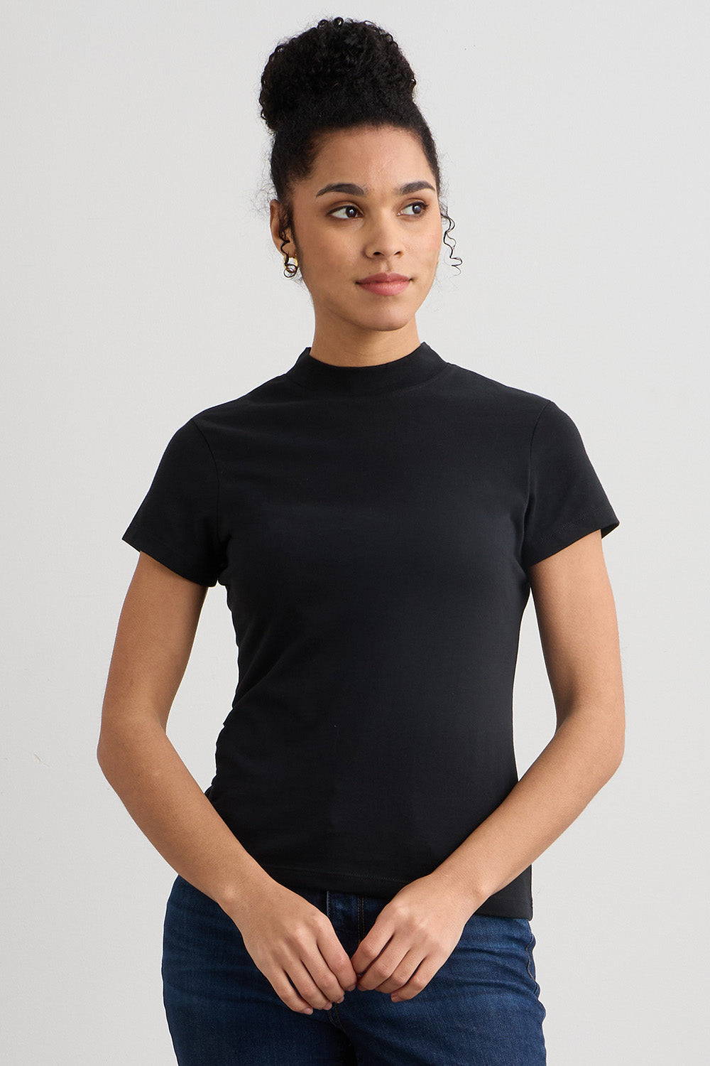 Women's Slim Organic Cotton Short Sleeve Mock Neck Top | Black | Fair Indigo | Ethically Made Clothing | Fair Trade Clothes