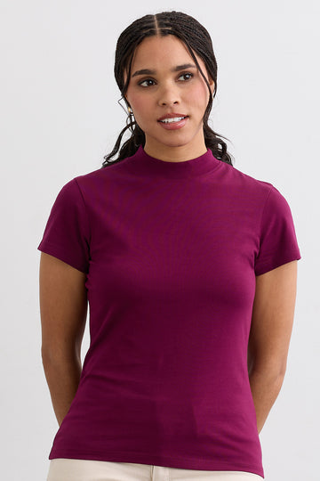 Women's Slim Organic Cotton Short Sleeve Mock Neck Top | Boysenberry Purple | Fair Indigo | Ethically Made Clothing | Fair Trade Clothes