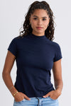Women's Slim Organic Cotton Short Sleeve Mock Neck Top | Dark Navy Blue | Fair Indigo | Ethically Made Clothing | Fair Trade Clothes