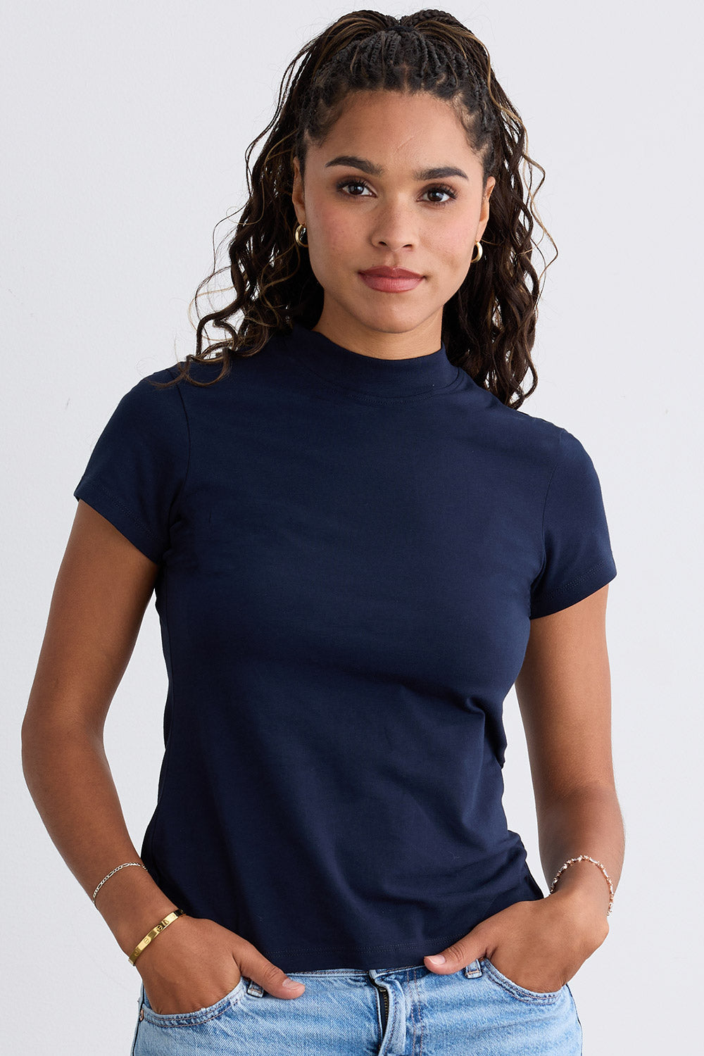 Women's Slim Organic Cotton Short Sleeve Mock Neck Top | Dark Navy Blue | Fair Indigo | Ethically Made Clothing | Fair Trade Clothes